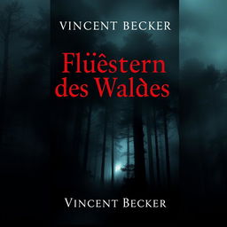A suspenseful book cover design for a thriller titled 'Flüstern des Waldes' by author Vincent Becker