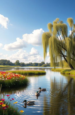 A peaceful landscape showcasing a serene lake surrounded by lush greenery and vibrant wildflowers