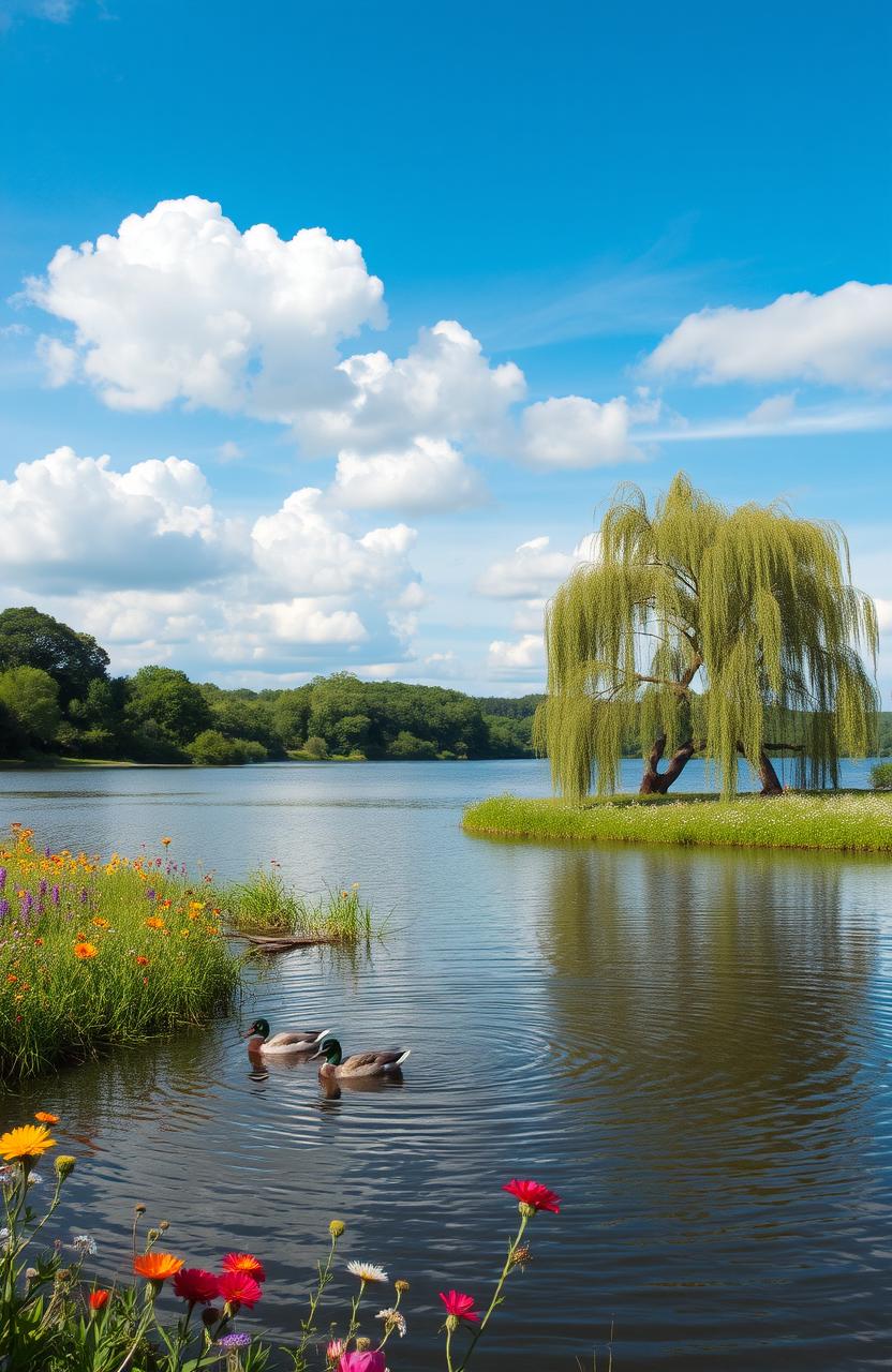 A peaceful landscape showcasing a serene lake surrounded by lush greenery and vibrant wildflowers