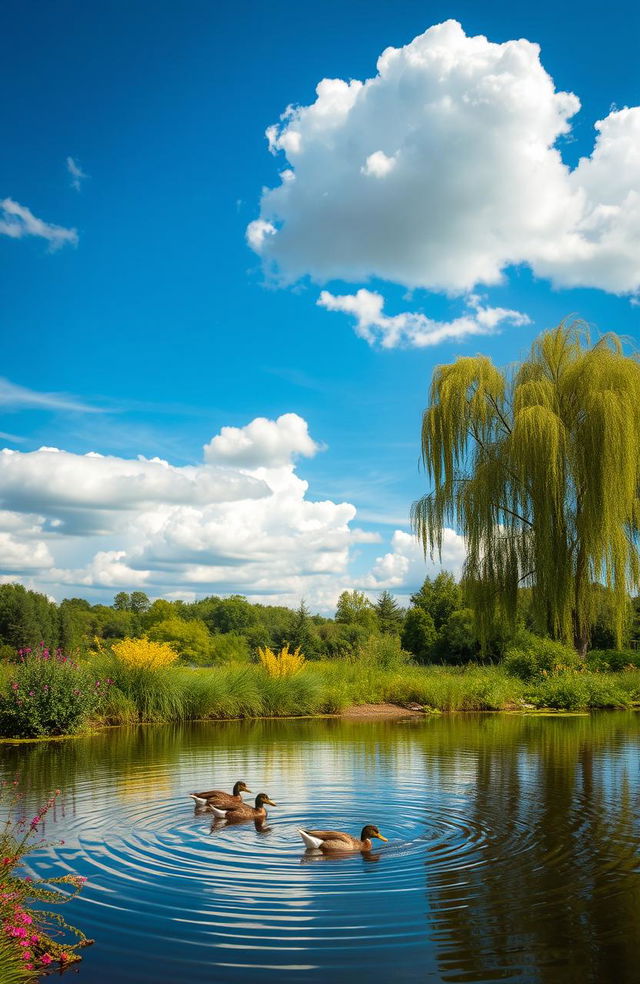 A peaceful landscape showcasing a serene lake surrounded by lush greenery and vibrant wildflowers