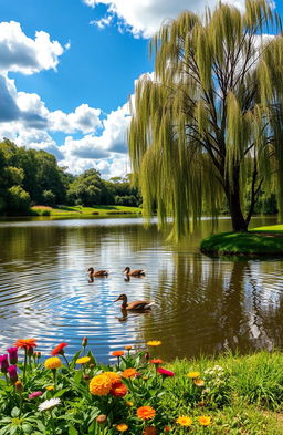 A peaceful landscape showcasing a serene lake surrounded by lush greenery and vibrant wildflowers