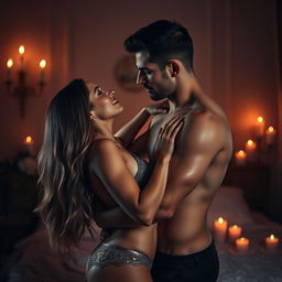 A sensual and intimate scene capturing a couple in a passionate embrace, their bodies close as they gaze deeply into each other's eyes