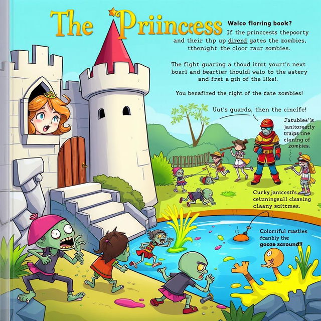 A whimsical and colorful children's book cover illustrating a princess with a look of surprise and determination, peeking out from her castle window