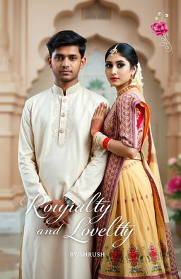 An aesthetic Indian couple portrait, the boy is wearing a traditional kurta in a soft pastel color, while the girl is slim, wearing an intricately designed lehenga with vibrant colors and patterns