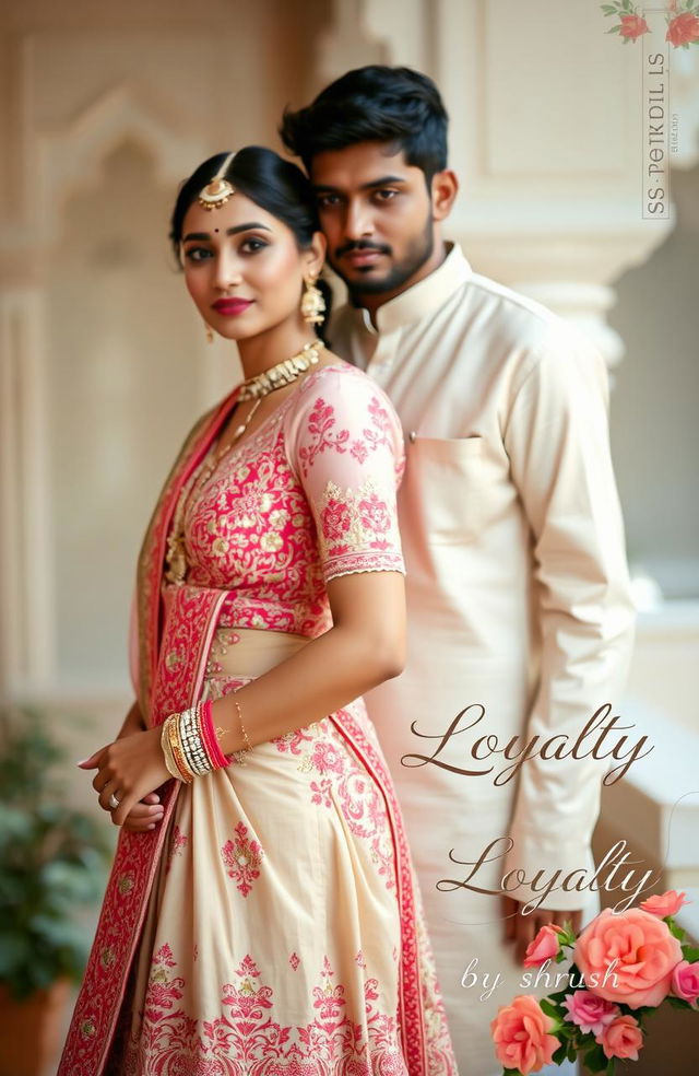 An aesthetic Indian couple portrait, the boy is wearing a traditional kurta in a soft pastel color, while the girl is slim, wearing an intricately designed lehenga with vibrant colors and patterns