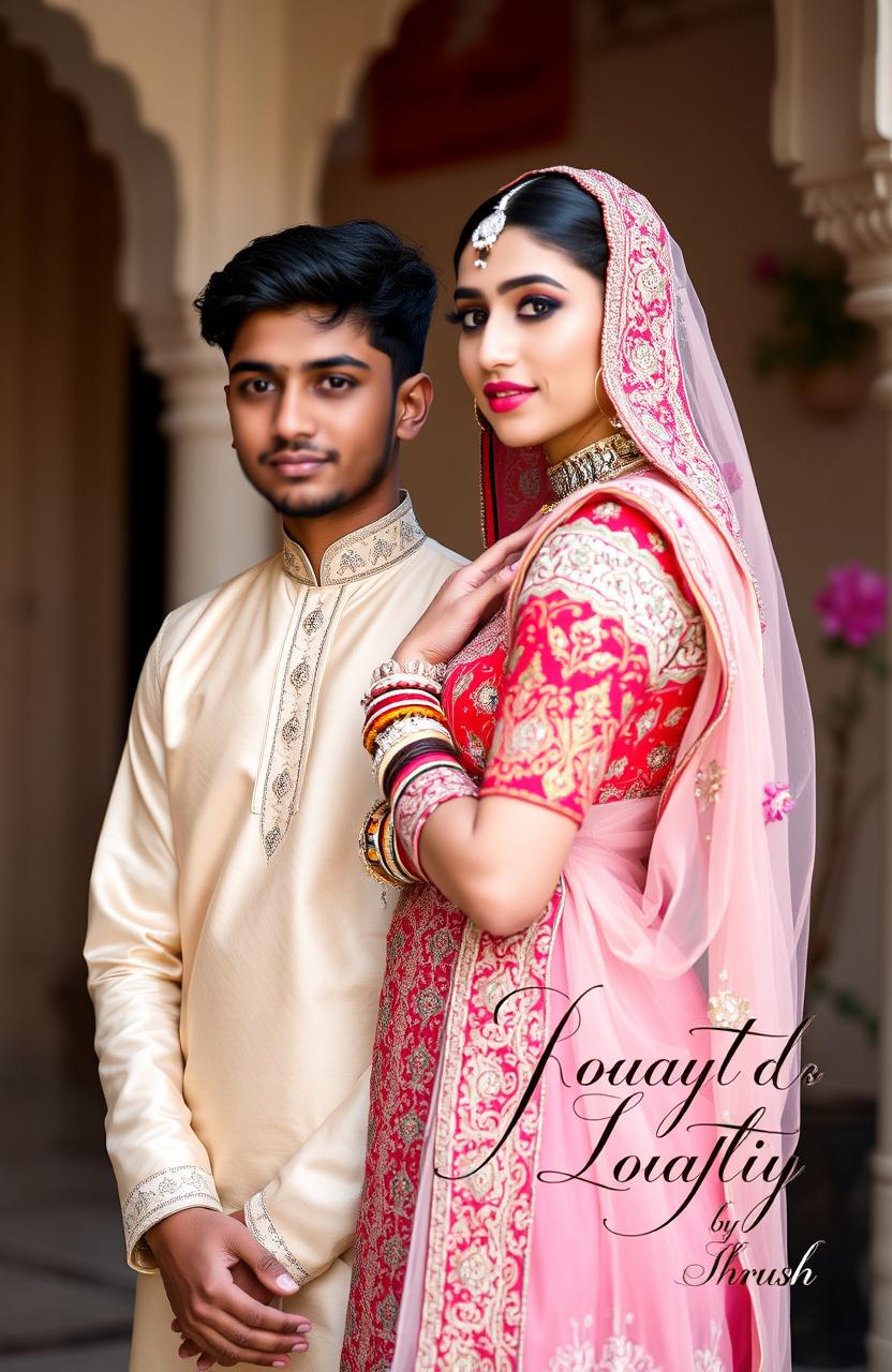 An aesthetic Indian couple portrait, the boy is wearing a traditional kurta in a soft pastel color, while the girl is slim, wearing an intricately designed lehenga with vibrant colors and patterns