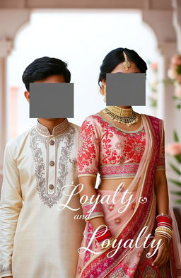 An aesthetic Indian couple portrait, the boy is wearing a traditional kurta in a soft pastel color, while the girl is slim, wearing an intricately designed lehenga with vibrant colors and patterns