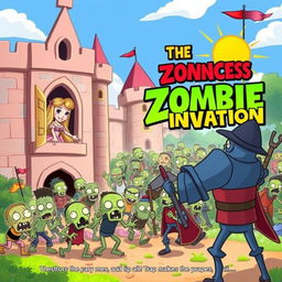 A whimsical children's book cover illustration for the story "The Princess and the Zombie Invasion