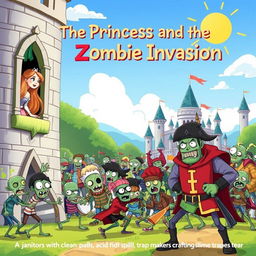 A whimsical children's book cover illustration for the story "The Princess and the Zombie Invasion