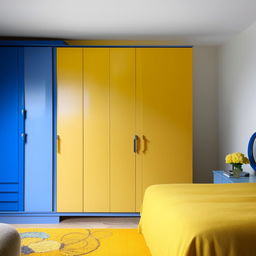 A modern bedroom with a harmonious blend of blue and yellow hues. It features a sleek blue cupboard, a contemporary dressing table, and a cozy bed with yellow linens. The room radiates warmth and comfort while maintaining a stylish demeanor.