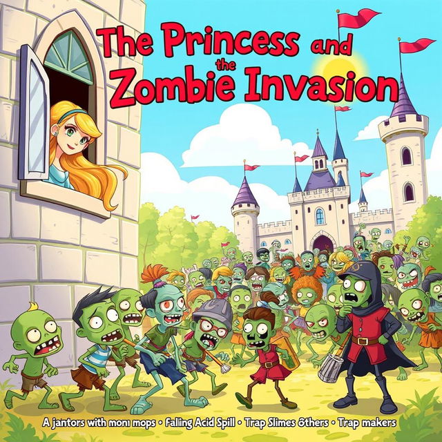 A whimsical children's book cover illustration for the story "The Princess and the Zombie Invasion