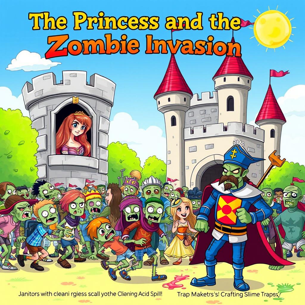 A whimsical children's book cover illustration for the story "The Princess and the Zombie Invasion