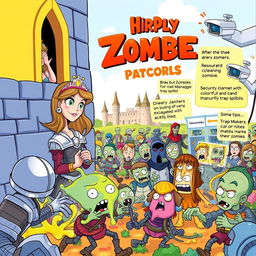 A whimsical and colorful children's book cover depicting a fantasy scene from a story about a princess and an army fighting zombies