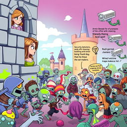 A whimsical and colorful children's book cover depicting a fantasy scene from a story about a princess and an army fighting zombies