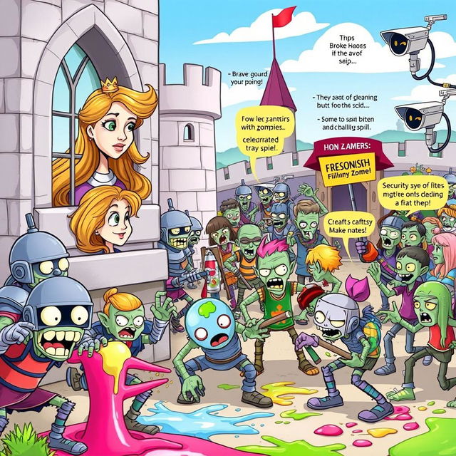 A whimsical and colorful children's book cover depicting a fantasy scene from a story about a princess and an army fighting zombies