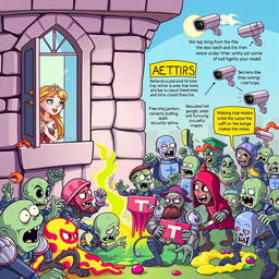 A whimsical and colorful children's book cover depicting a fantasy scene from a story about a princess and an army fighting zombies