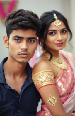 An aesthetic portrait of an Indian couple, with the boy having fair skin and dressed in casual attire, while the girl is slim and elegantly adorned in a beautiful lehenga