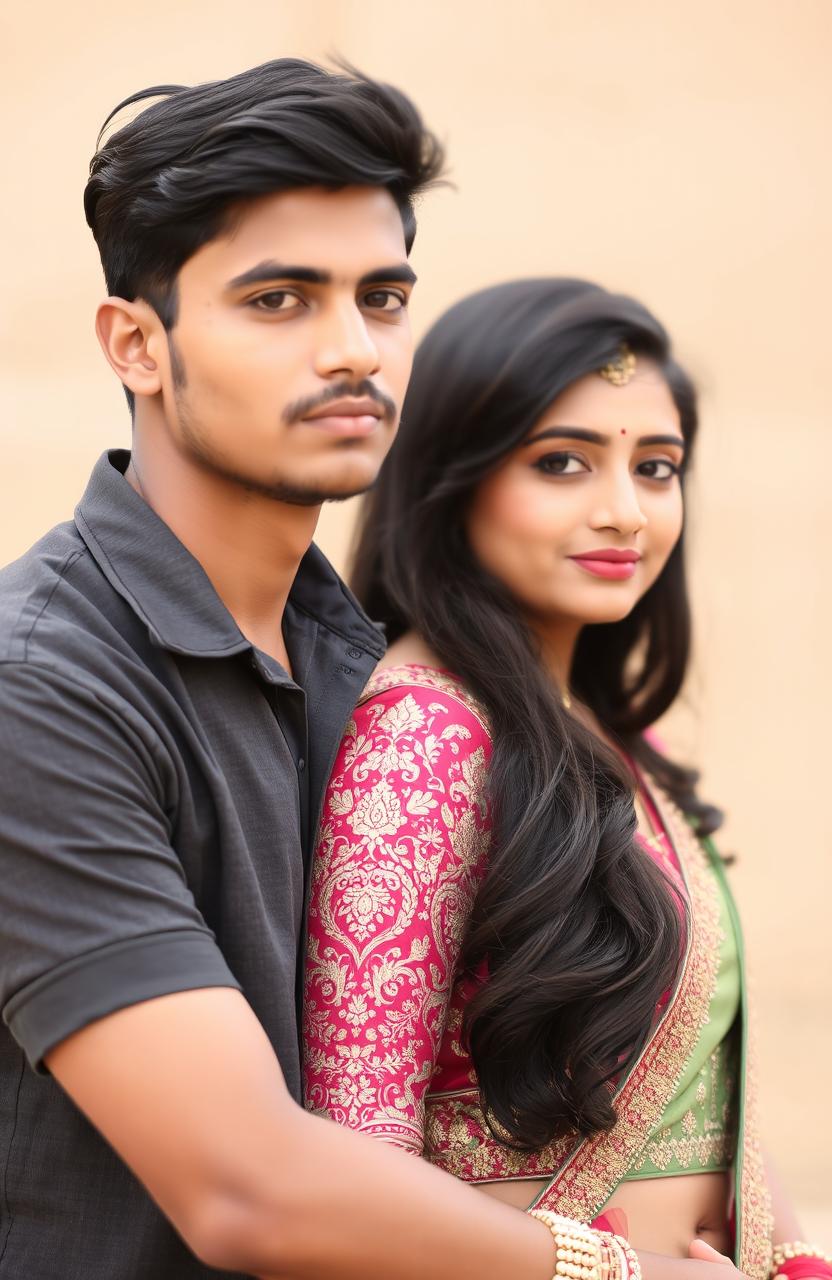 An aesthetic portrait of an Indian couple, with the boy having fair skin and dressed in casual attire, while the girl is slim and elegantly adorned in a beautiful lehenga