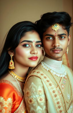An aesthetic portrait of an Indian couple, with the boy having fair skin and dressed in casual attire, while the girl is slim and elegantly adorned in a beautiful lehenga