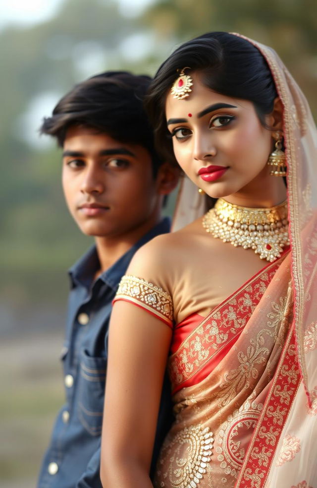 An aesthetic portrait of an Indian couple, with the boy having fair skin and dressed in casual attire, while the girl is slim and elegantly adorned in a beautiful lehenga