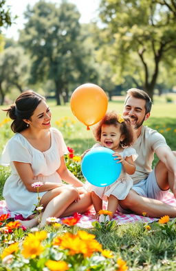 A heartwarming scenario of a family in a sunny park celebrating their recent child adoption