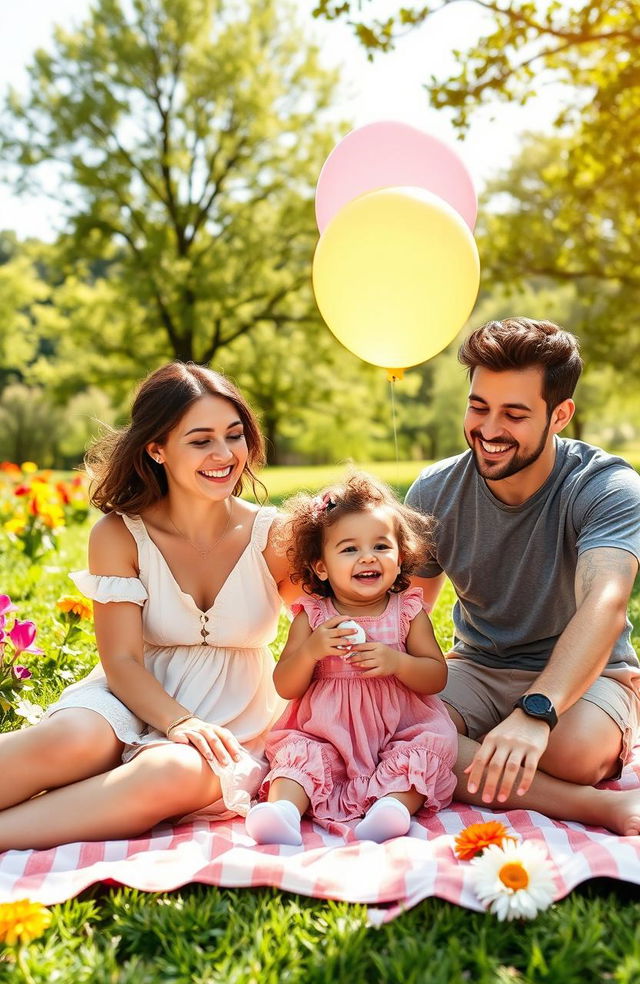 A heartwarming scenario of a family in a sunny park celebrating their recent child adoption