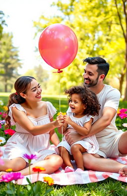 A heartwarming scenario of a family in a sunny park celebrating their recent child adoption