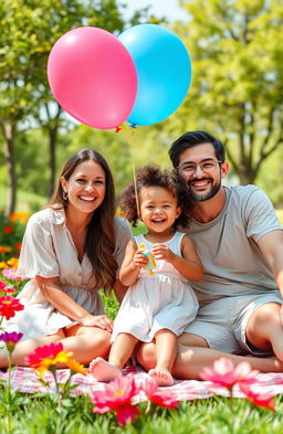 A heartwarming scenario of a family in a sunny park celebrating their recent child adoption