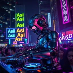 A hyper-realistic depiction of a DJ that is half human and half android, blending organic and metallic features seamlessly