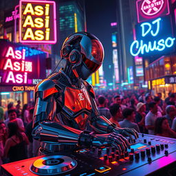 A hyper-realistic depiction of a DJ that is half human and half android, blending organic and metallic features seamlessly
