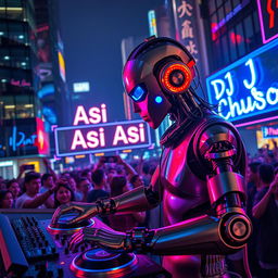 A hyper-realistic depiction of a DJ that is half human and half android, blending organic and metallic features seamlessly