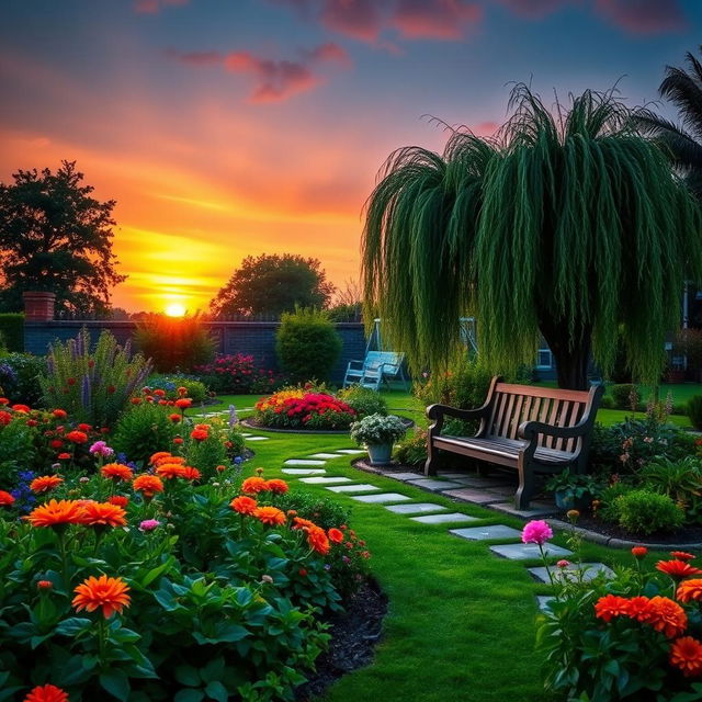 A serene garden at dusk, featuring lush greenery, vibrant flowers in full bloom, and a softly glowing sunset in the background