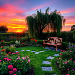 A serene garden at dusk, featuring lush greenery, vibrant flowers in full bloom, and a softly glowing sunset in the background