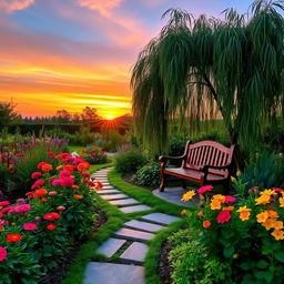 A serene garden at dusk, featuring lush greenery, vibrant flowers in full bloom, and a softly glowing sunset in the background