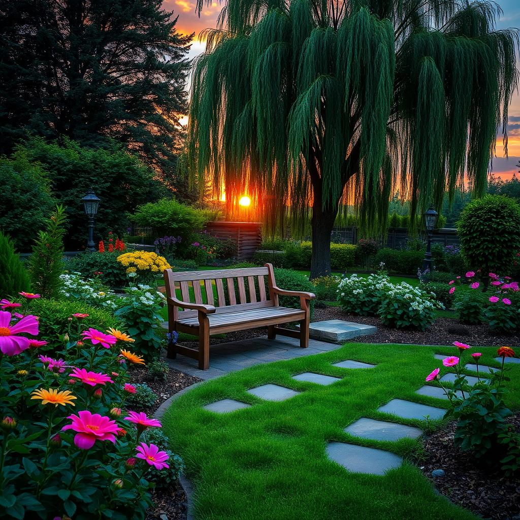 A serene garden at dusk, featuring lush greenery, vibrant flowers in full bloom, and a softly glowing sunset in the background