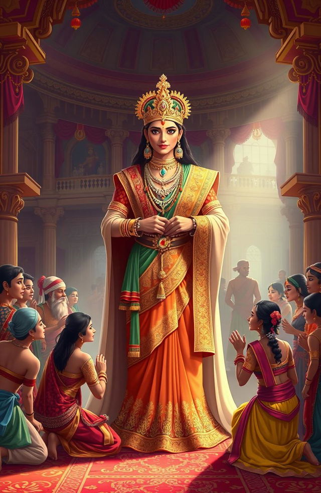 A beautifully illustrated representation of Indian royalty and loyalty, showcasing a majestic royal figure dressed in traditional Indian attire, adorned with intricate jewelry and regal accessories