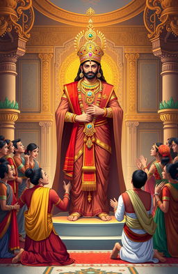 A beautifully illustrated representation of Indian royalty and loyalty, showcasing a majestic royal figure dressed in traditional Indian attire, adorned with intricate jewelry and regal accessories