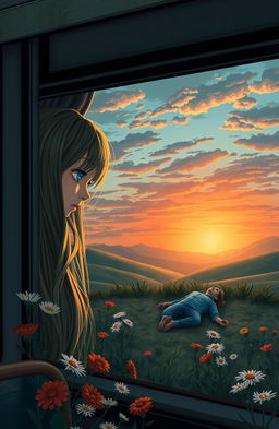 A melancholic scene featuring a sad girl with long, flowing hair peeking through a bus window