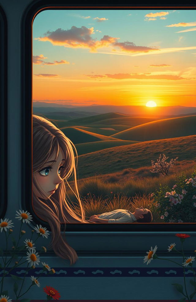 A melancholic scene featuring a sad girl with long, flowing hair peeking through a bus window