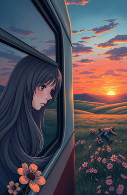 A melancholic scene featuring a sad girl with long, flowing hair peeking through a bus window