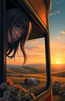A melancholic scene featuring a sad girl with long, flowing hair peeking through a bus window