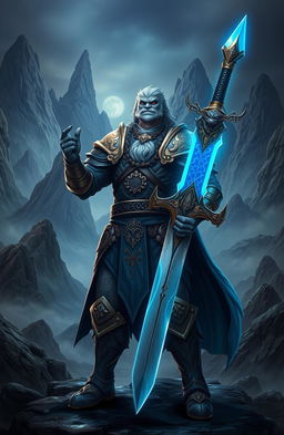 A fierce warrior character standing proudly, gripping a stunning blue dragon sword that gleams in the light