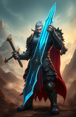 A fierce warrior character standing proudly, gripping a stunning blue dragon sword that gleams in the light