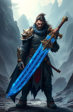 A fierce warrior character standing proudly, gripping a stunning blue dragon sword that gleams in the light