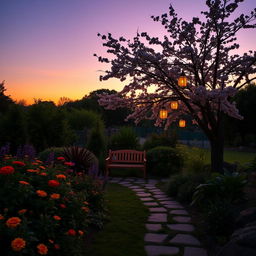 A serene garden at dusk, featuring a vibrant array of flowers, dense green foliage, and a soft sunset backdrop