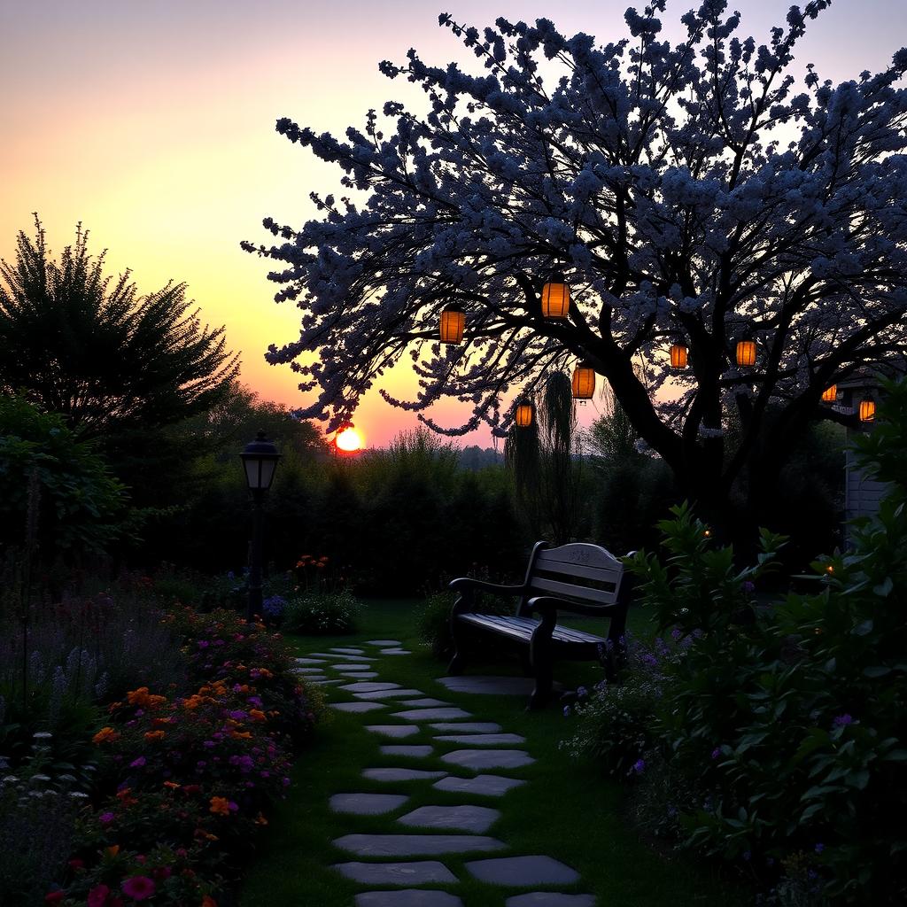 A serene garden at dusk, featuring a vibrant array of flowers, dense green foliage, and a soft sunset backdrop