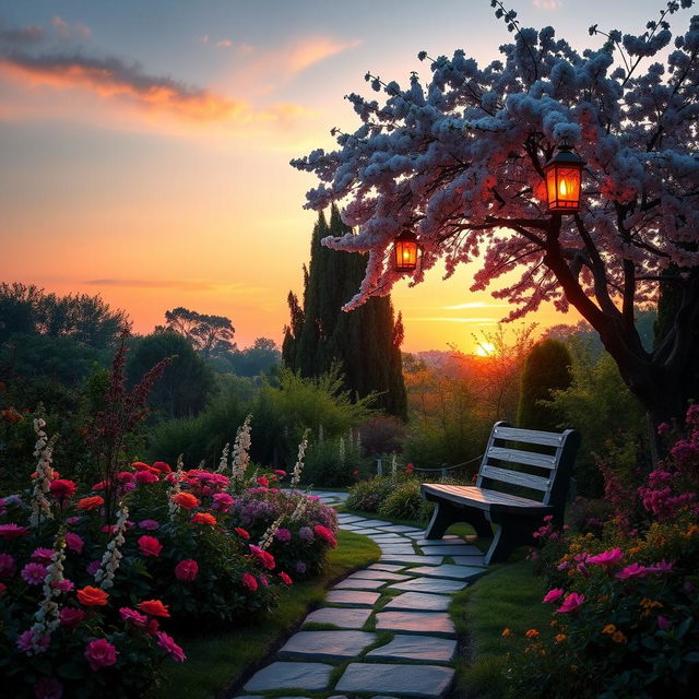 A serene garden at dusk, featuring a vibrant array of flowers, dense green foliage, and a soft sunset backdrop