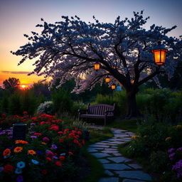A serene garden at dusk, featuring a vibrant array of flowers, dense green foliage, and a soft sunset backdrop