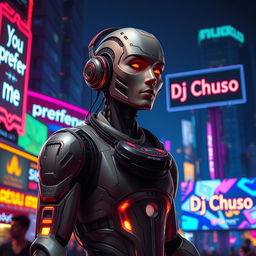 A realistic DJ that is half human and half android, standing in front of a vibrant cityscape filled with neon lights
