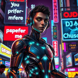 A realistic DJ that is half human and half android, standing in front of a vibrant cityscape filled with neon lights